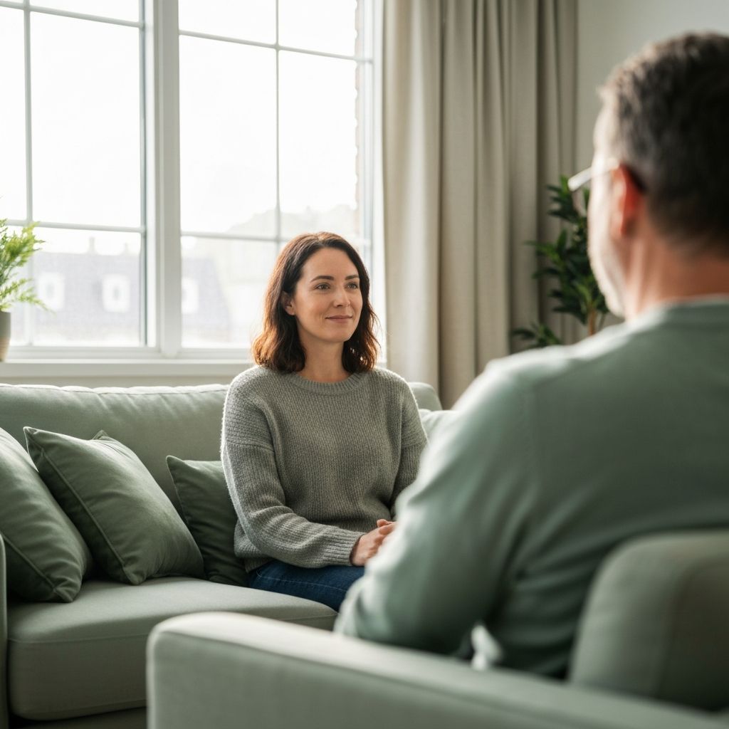 A counsellor speaking with a woman on a couch